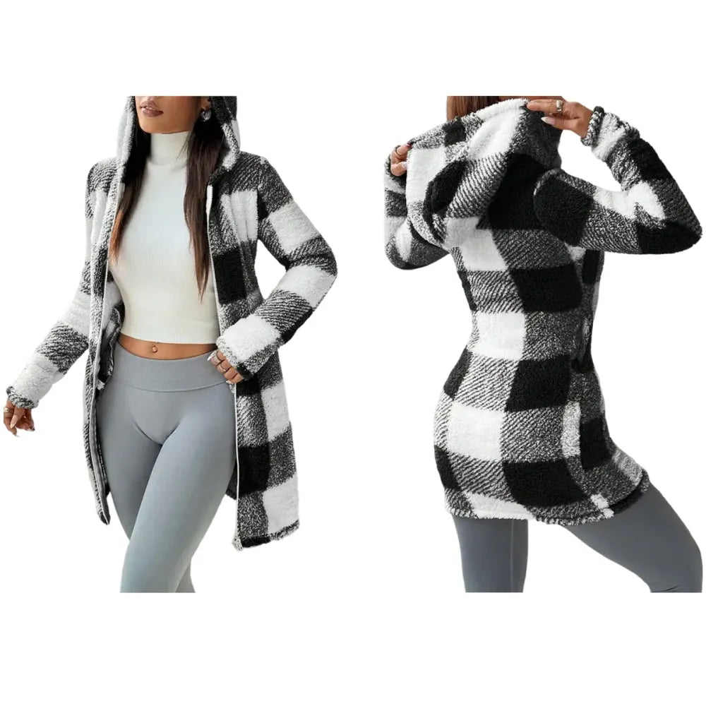 Plaid Fleece Long Sleeve Hooded Coat