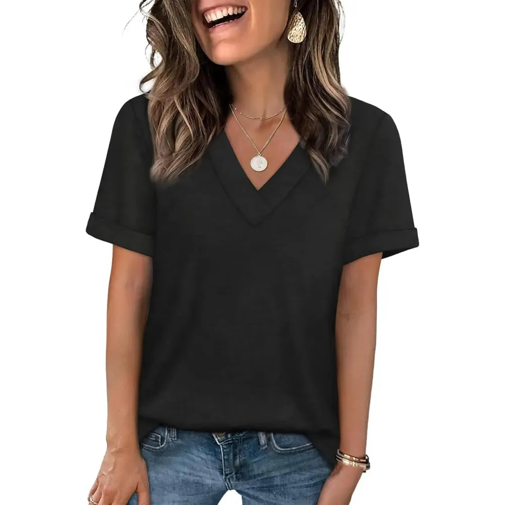 Women's Summer Tops Short Sleeve Basic Casual V Neck T Shirts