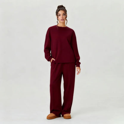 Women's Cozy Round Neck Top & Wide Leg Trousers Two Piece Outfits