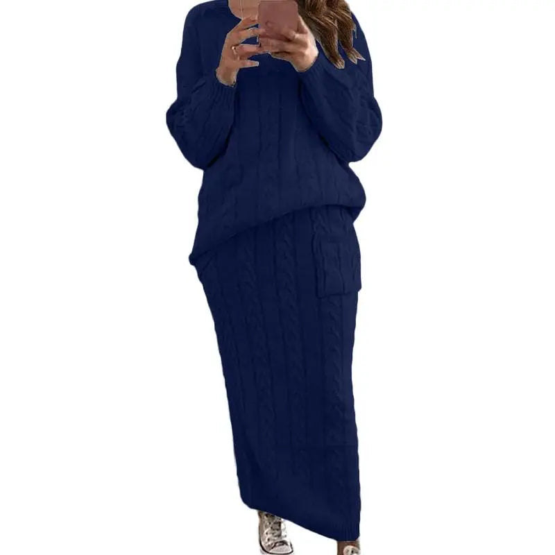 Women's Winter Chunky Cable Knit Long Skirt 2 Piece Sweater Sets