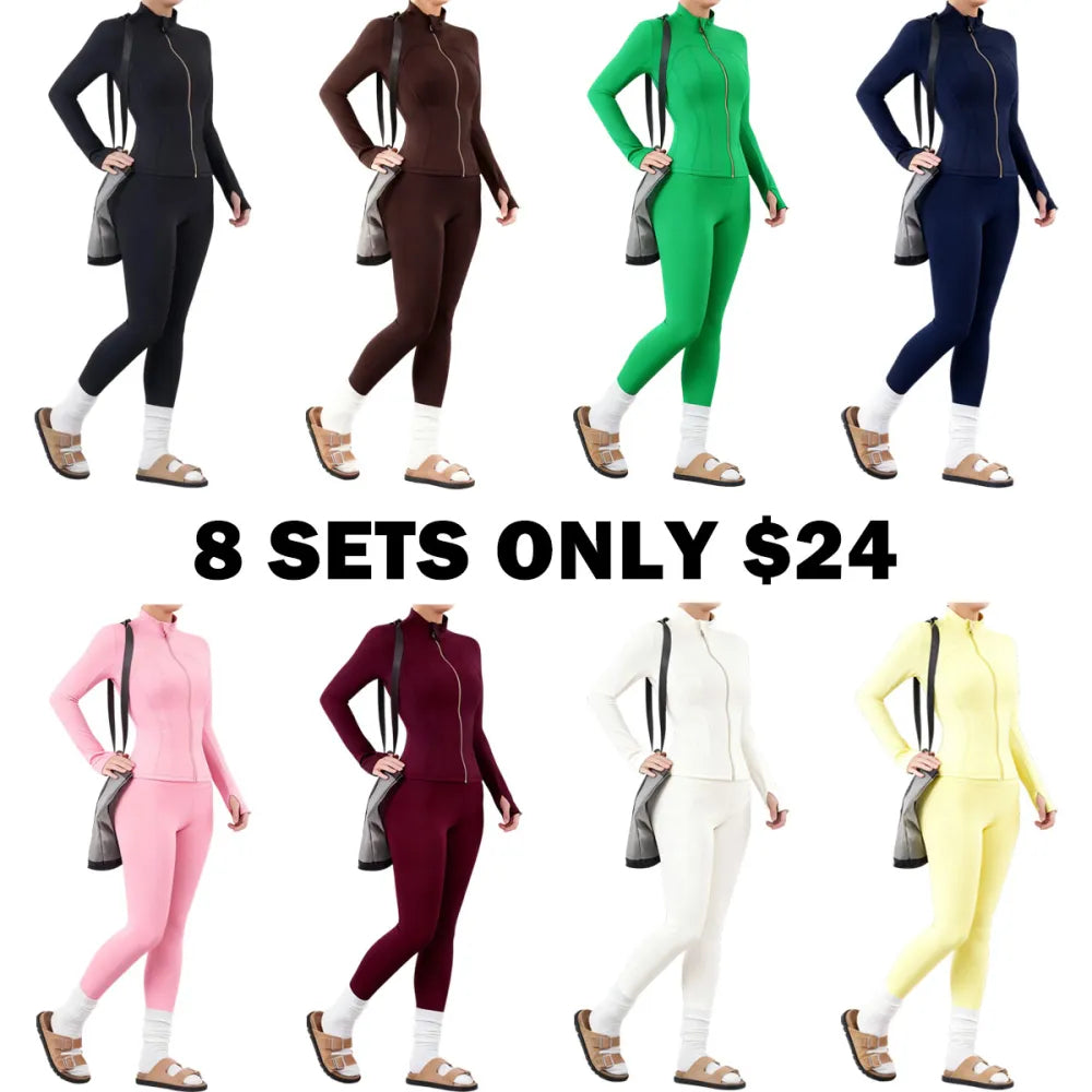 Solid Zip Up Jacket & High Waist Leggings Tracksuit Set