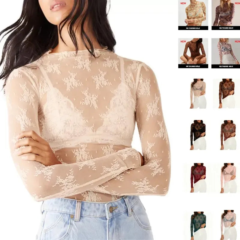 Women‘s Mesh Tops Lace Spring Long Sleeve Shirts