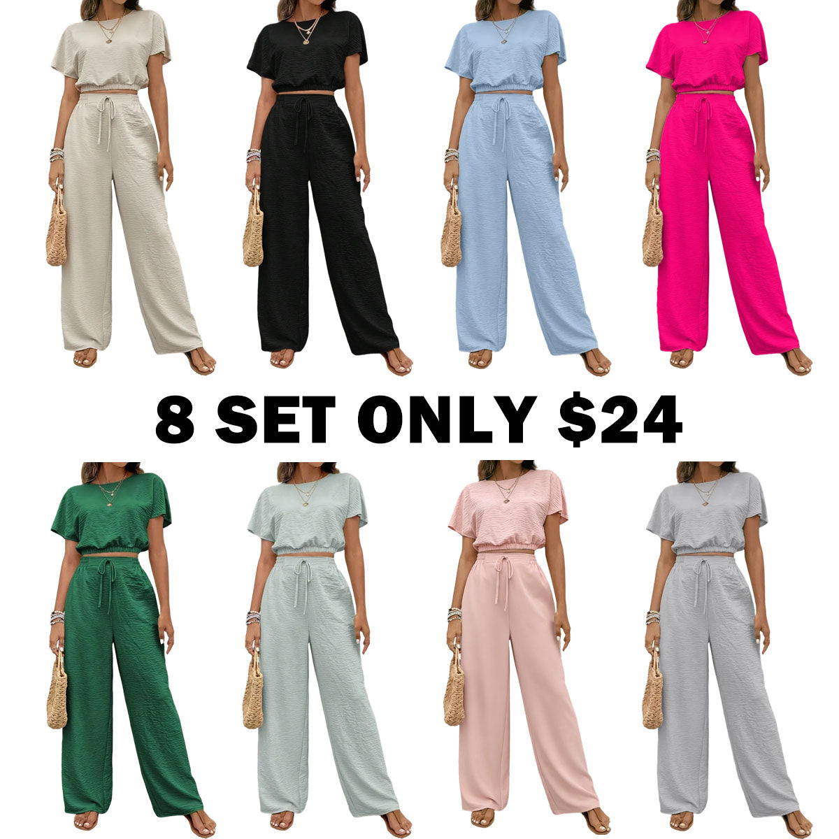 Women's Solid Color Fitted Top & Wide Leg Pants Two-piece Set