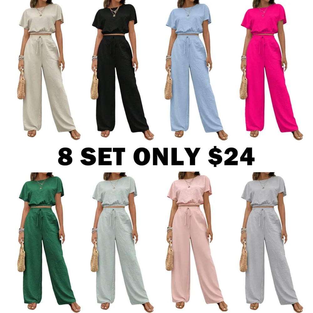 Women's Solid Color Fitted Top & Wide Leg Pants Two-piece Set