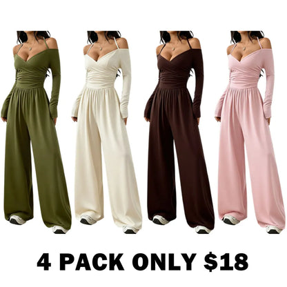 Women's Solid Color Off-Shoulder Ruched Wide Leg Casual Jumpsuit