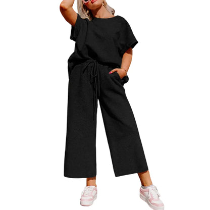 Women's Plus Size Short Sleeve Top & High Waist Wide Leg Pants 2-Piece Lounge Set