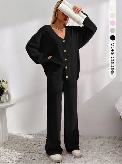 Women's Solid V Neck Cardigan & Elastic Waist Wide Leg Pants Two-piece Set