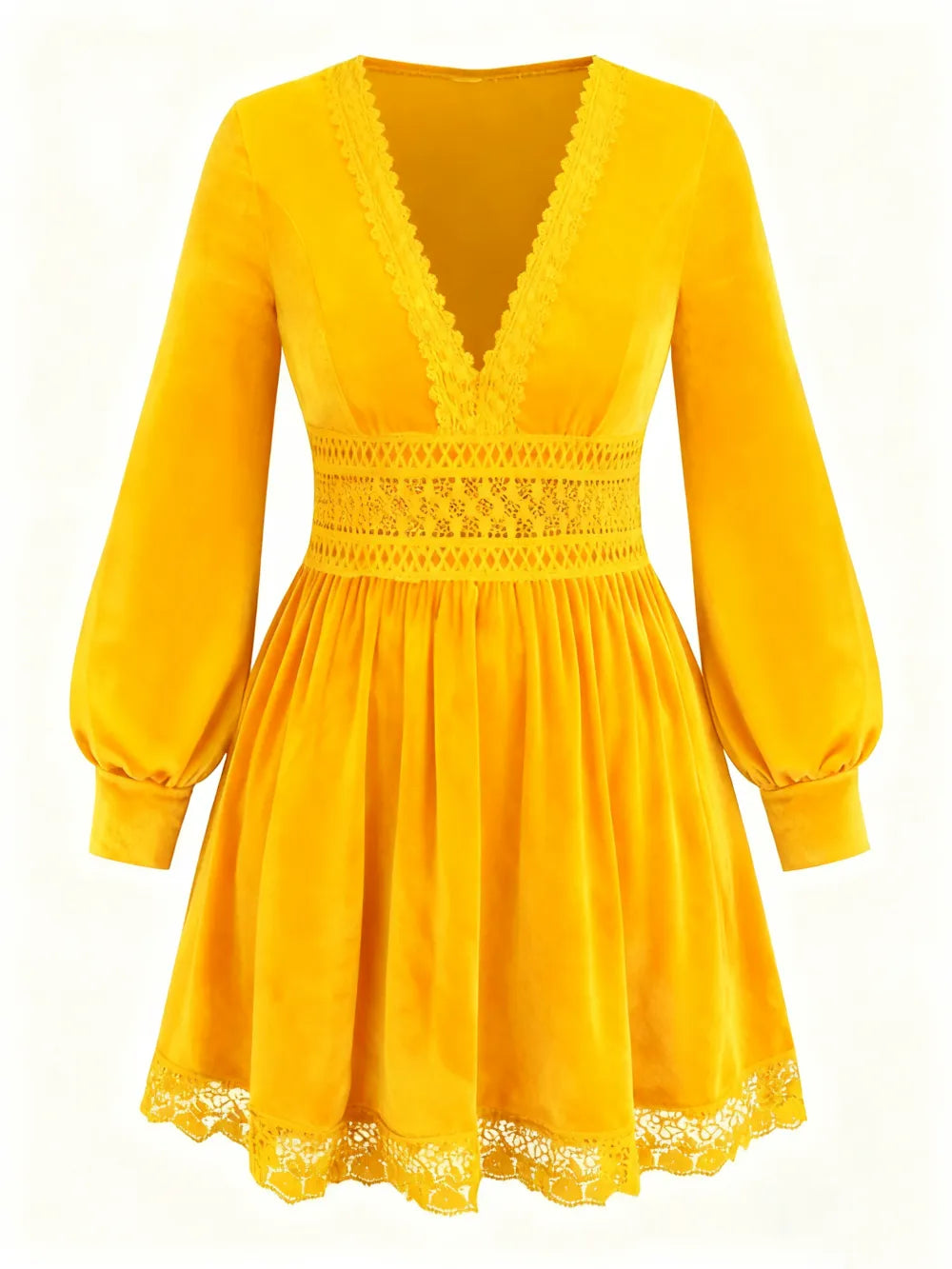 Velvet Lace Patchwork Lantern Sleeve Long Dress
