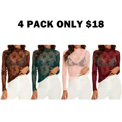 Women‘s Mesh Tops Lace Spring Long Sleeve Shirts