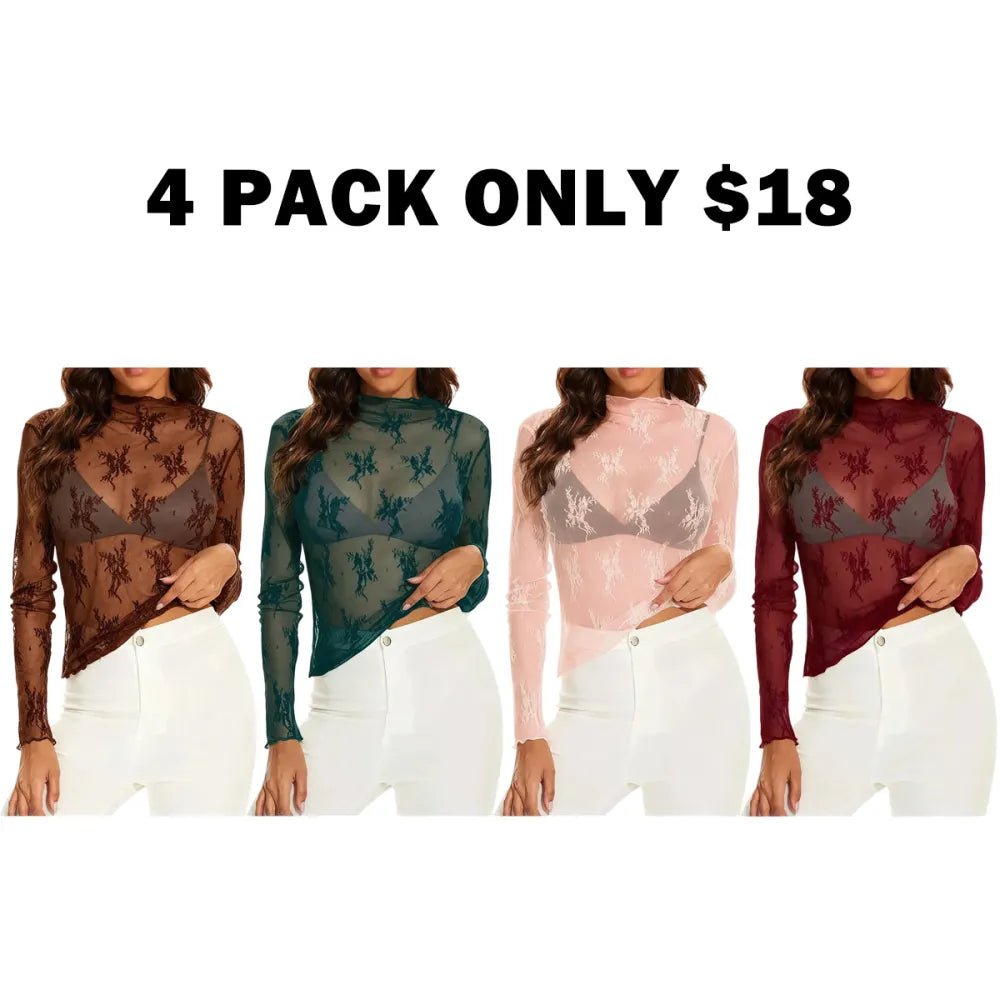 Women‘s Mesh Tops Lace Spring Long Sleeve Shirts