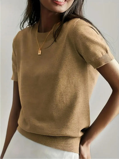 Women's Solid Color Crew Neck Short Sleeve Lightweight Loose Sweater