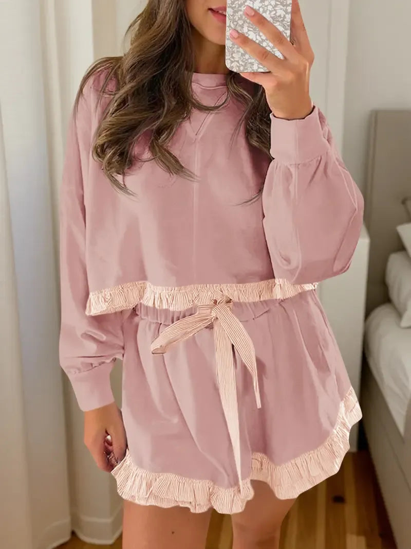 Women's 2 Piece Lounge Sets Ruffle Color Block Cropped Sweatshirts