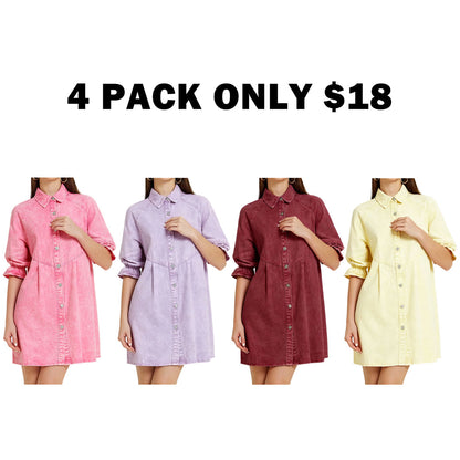3/4 Lantern Sleeve Babydoll Mini Jean Denim Shirt Dress