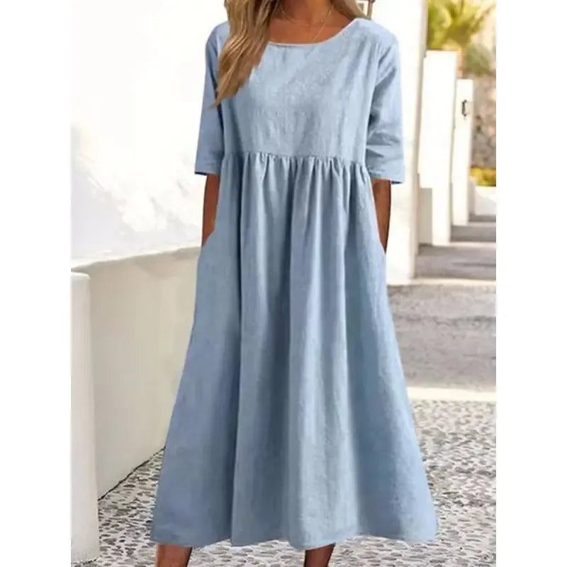 Cotton and Linen Casual Short Sleeve Pocket Dress
