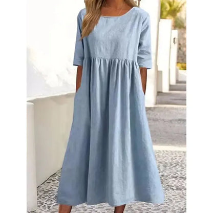 Cotton and Linen Casual Short Sleeve Pocket Dress