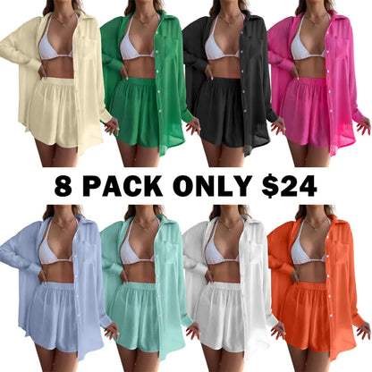 Women's Solid Button Front Pocket Sheer Cover Up Shirt & Shorts Set