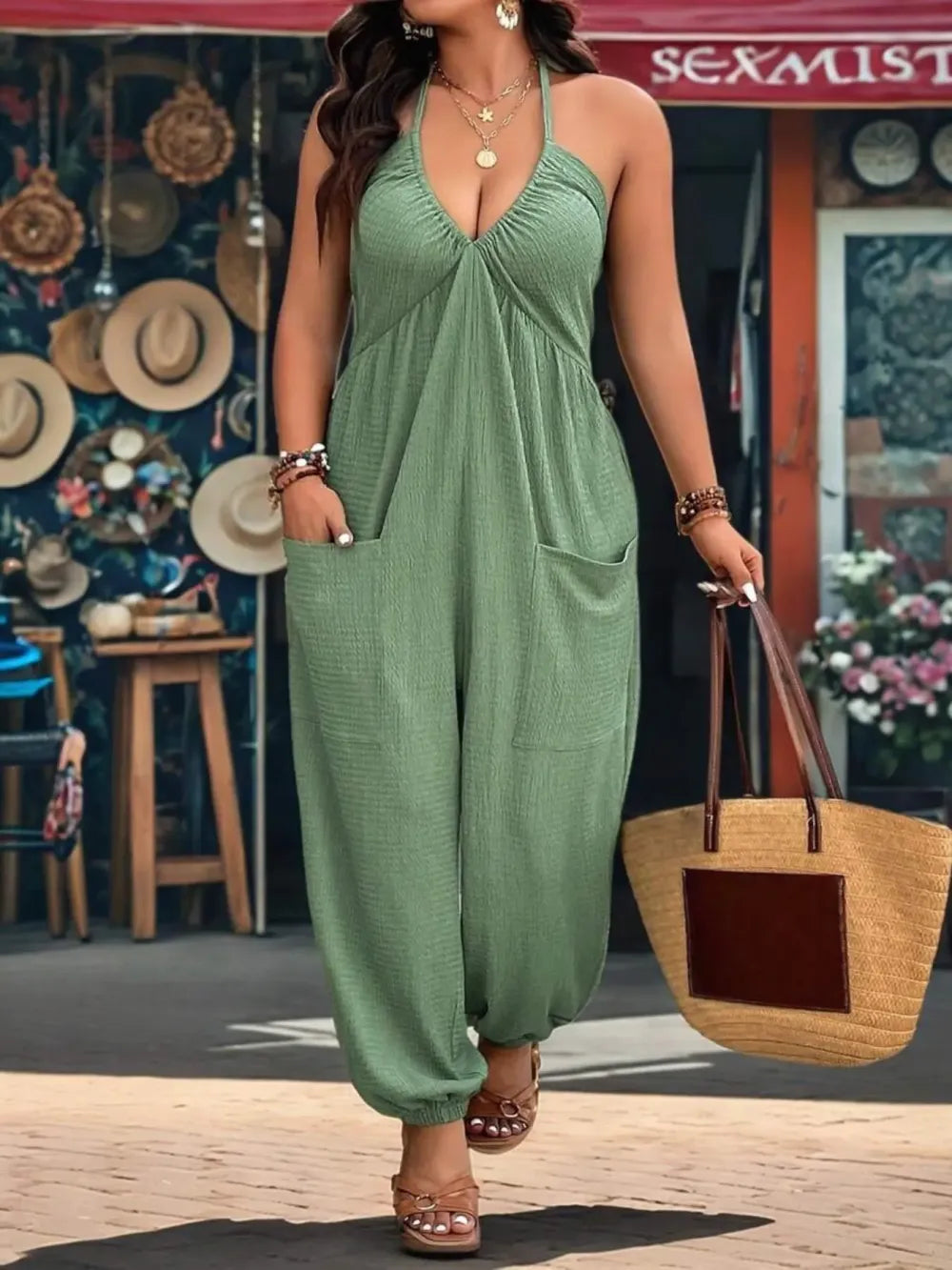【Plus Size】 Solid Color Pocket Jumpsuit