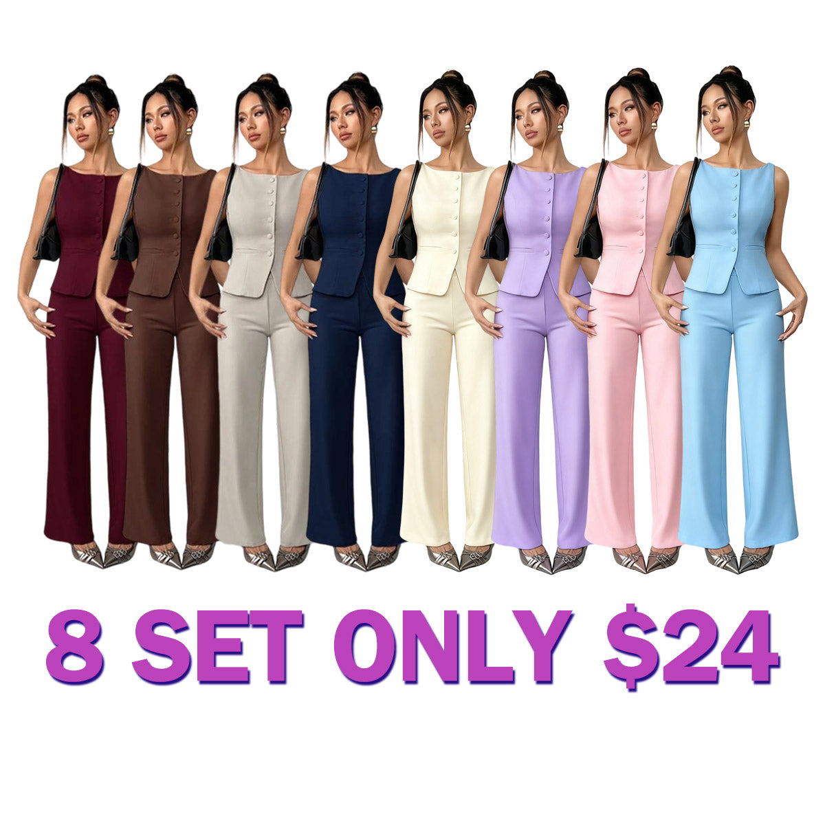 Women's Solid Button Front Tank Top & Wide Leg Pants Set