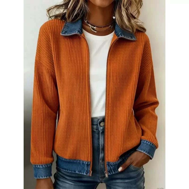 🎁Women's Casual Ribbed Knit Zip-Up Jacket with Contrast Denim Details