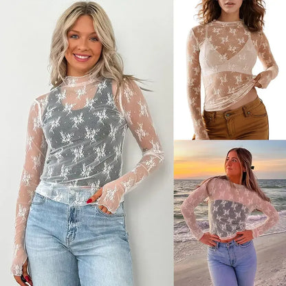 Women‘s Mesh Tops Lace Spring Long Sleeve Shirts