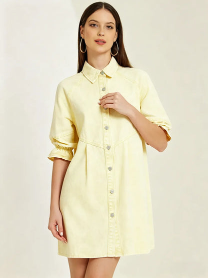 3/4 Lantern Sleeve Babydoll Mini Jean Denim Shirt Dress