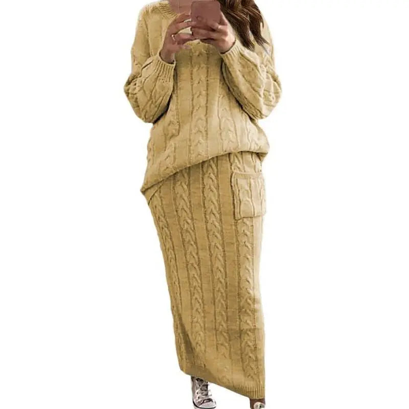 Women's Winter Chunky Cable Knit Long Skirt 2 Piece Sweater Sets