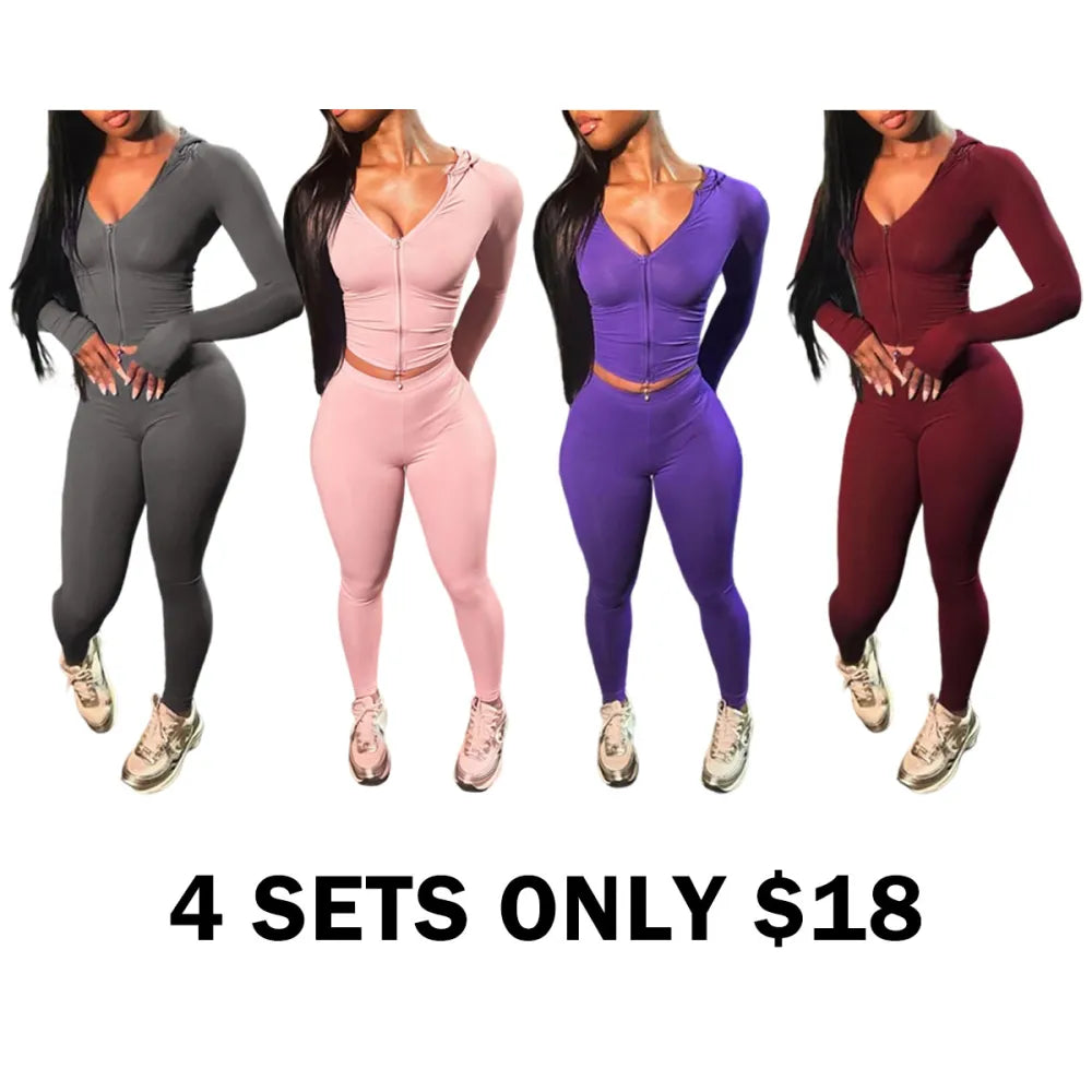 Zip Up Crop Top & High Waist Leggings Two-piece Set