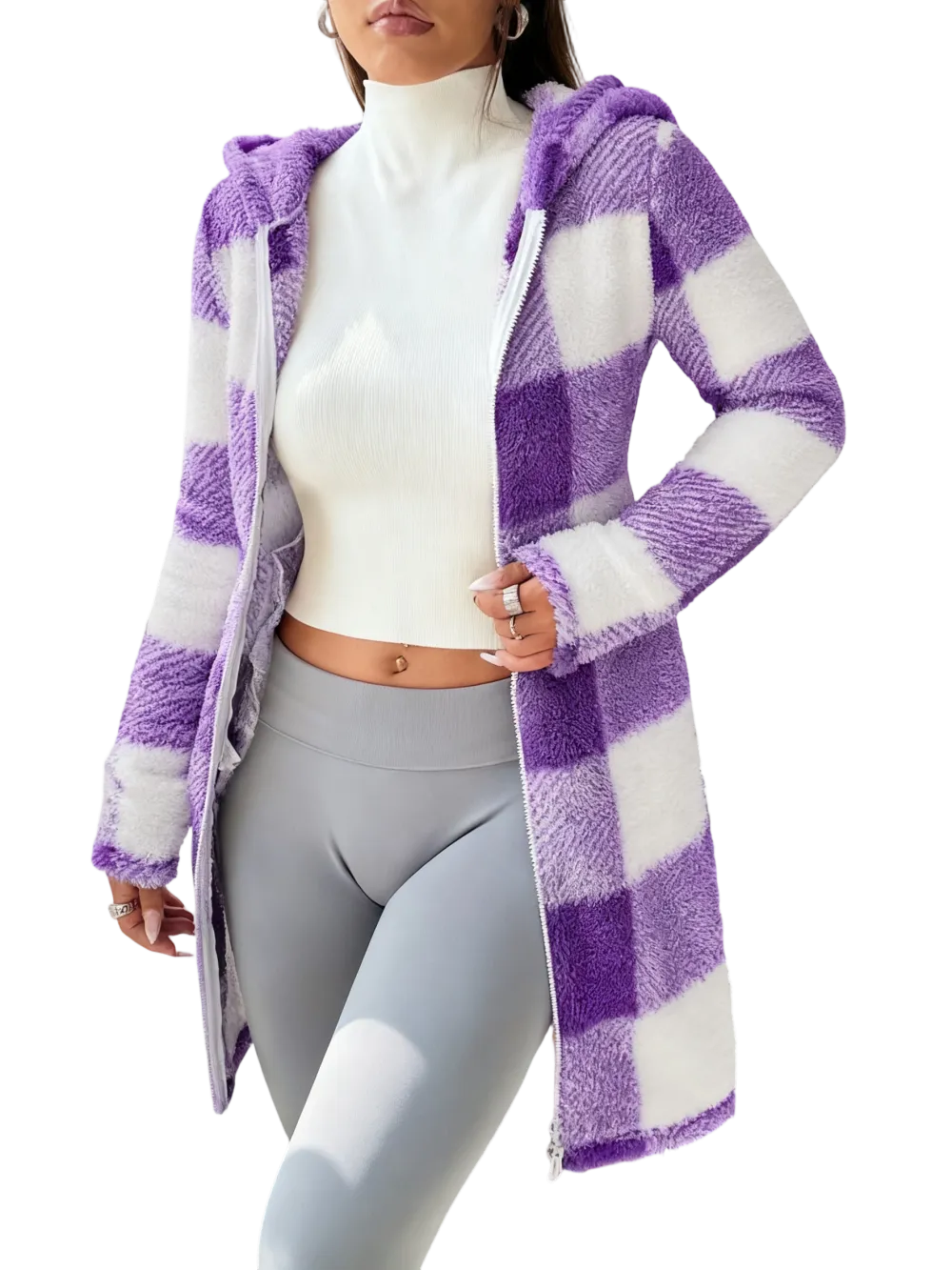 Plaid Fleece Long Sleeve Hooded Coat