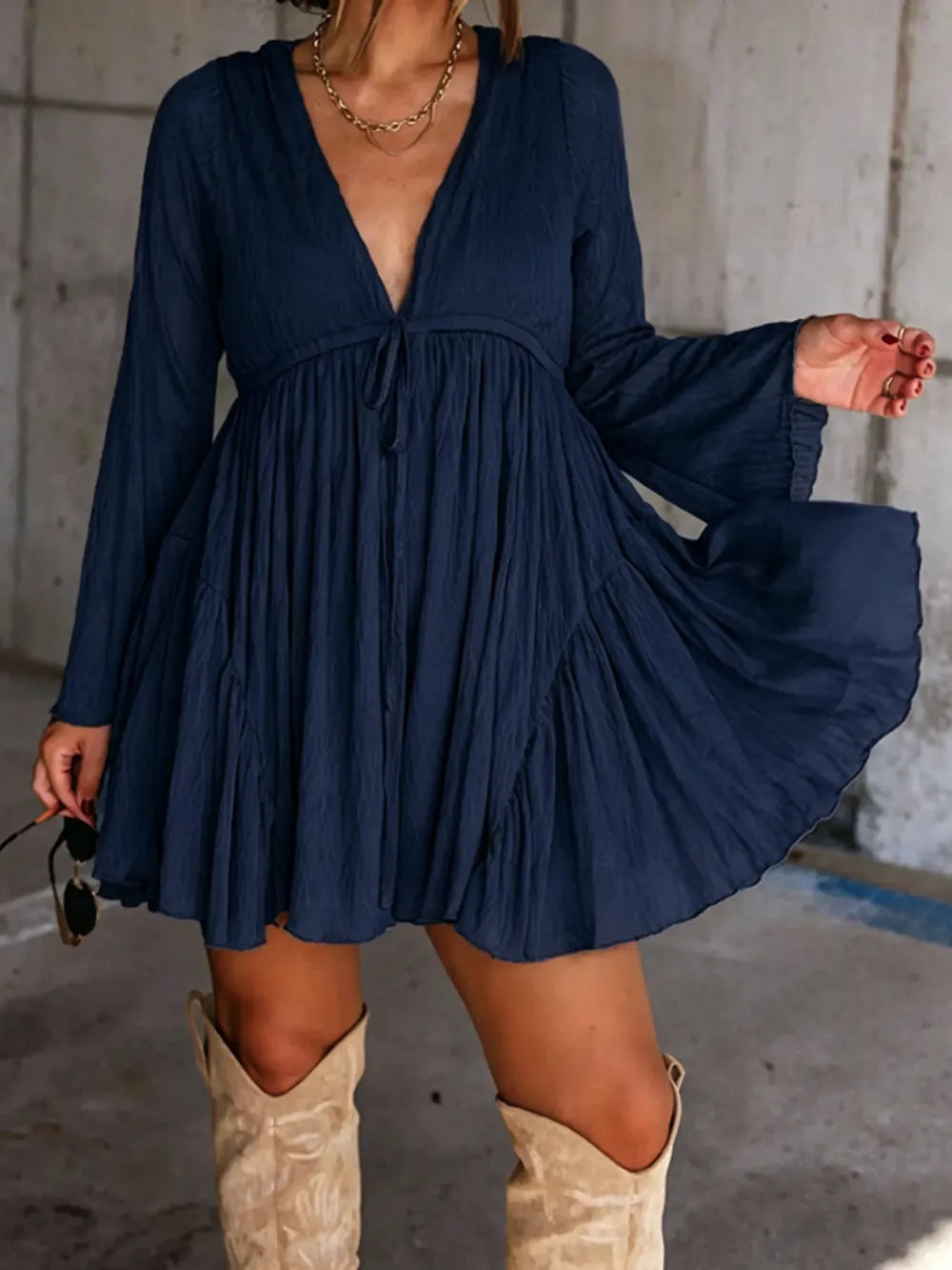 Women's V Neck Long Sleeve Dress with Pants Lining