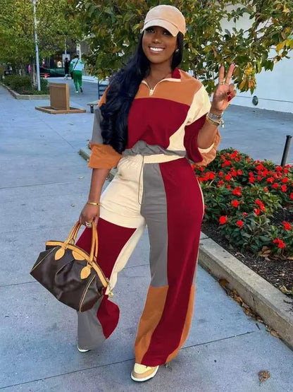 Set Women's Colorblock Zip Up Jacket & Wide Leg Pants