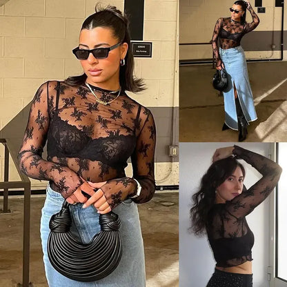 Women‘s Mesh Tops Lace Spring Long Sleeve Shirts