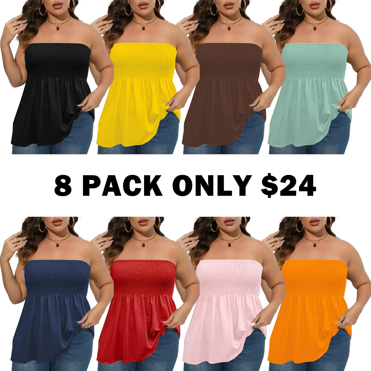 Plus Size Solid Ruffle Hem Shirred Tube Top, Boho Fashion Chic Style Tops