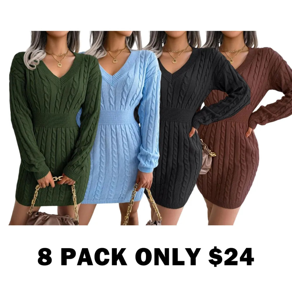 Women's Cable Knit Sweater Dress With V Neck