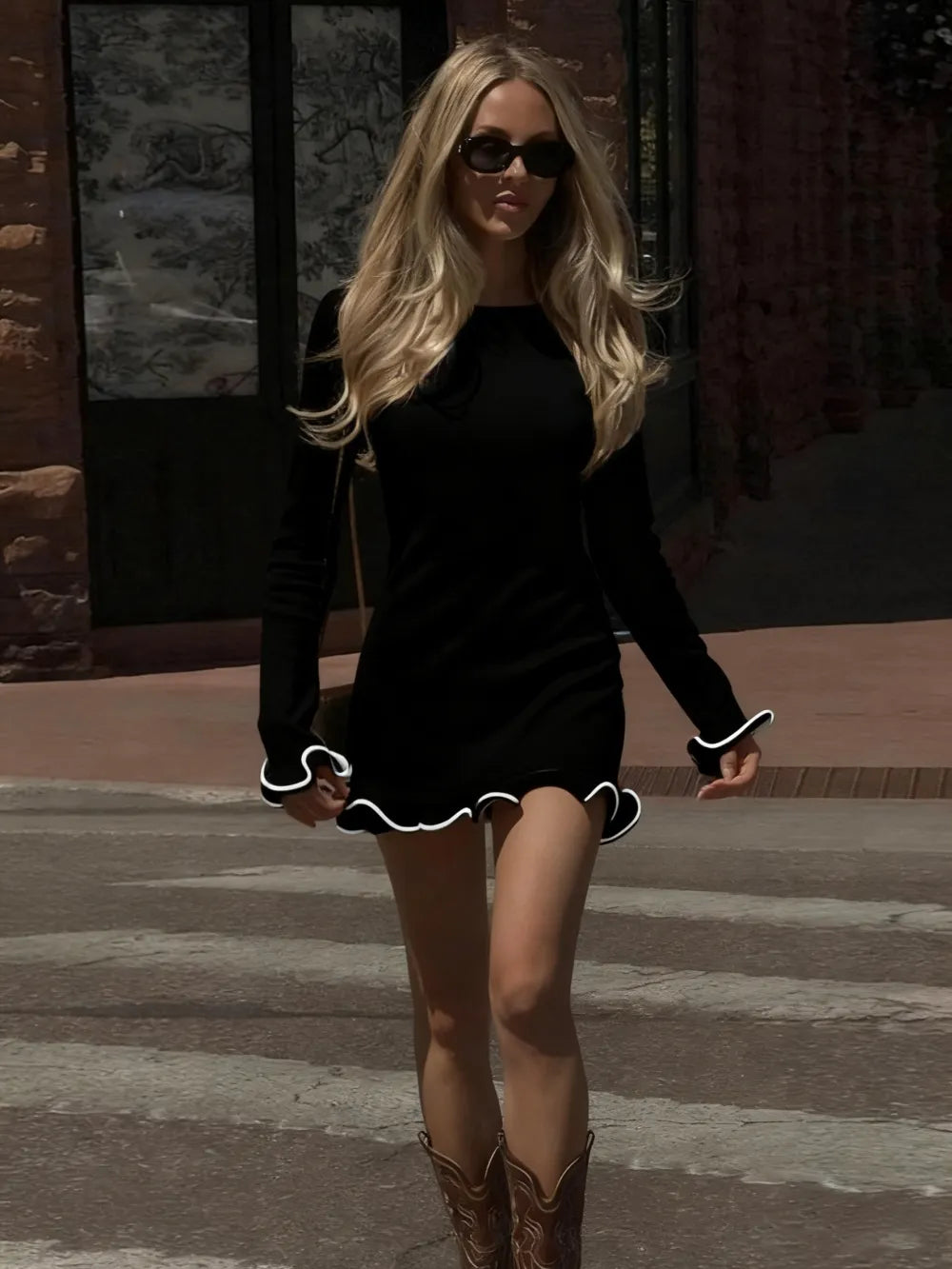 Colorblock Wave Hem A-Line Long Sleeve Knit Dress