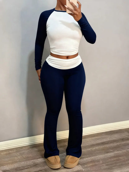 Round Neck Long Sleeve Color Block T-Shirt with Ruffled Flare Pants Set