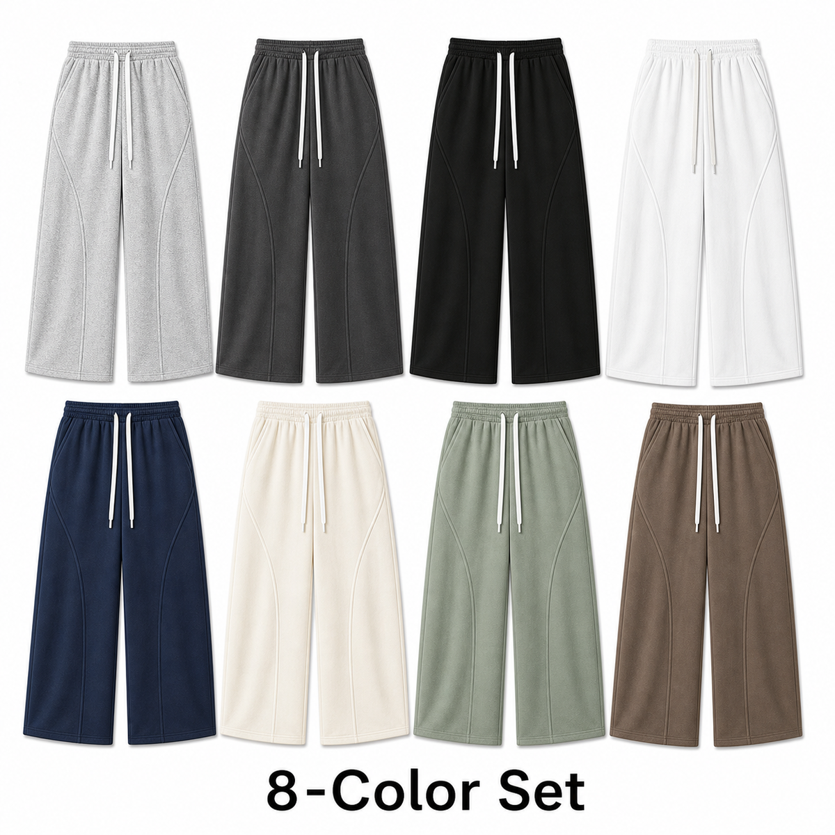 Unisex Cotton Curved-Seam Wide-Leg Sweatpants 8-Color Set