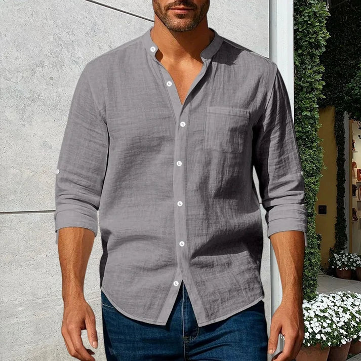 Men's Linen Stand Collar Shirt | Casual Long Sleeve Button-Up